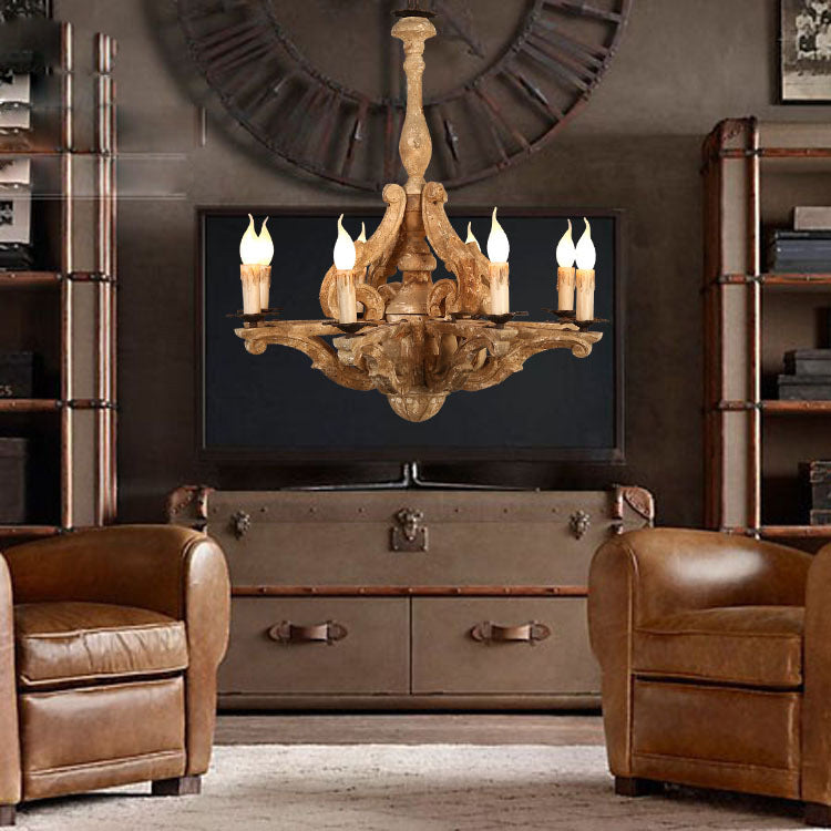 European Rustic Vintage Solid Wood 8-Light Chandelier