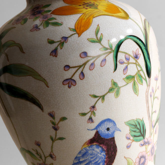 Traditional Chinese Bird &amp; Flower Painted Ceramic Base Fabric Shade 1-Light Table Lamp For Home Office