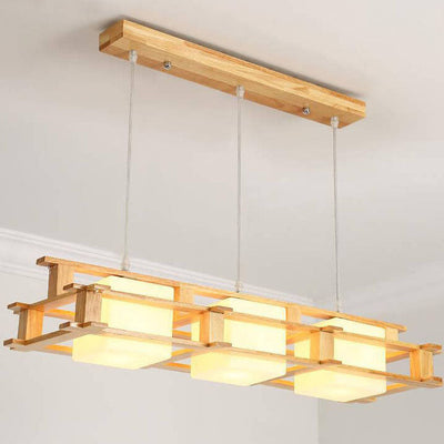 Japanese Simple Log Square Glass Wooden Frame 1/3 Light Chandelier