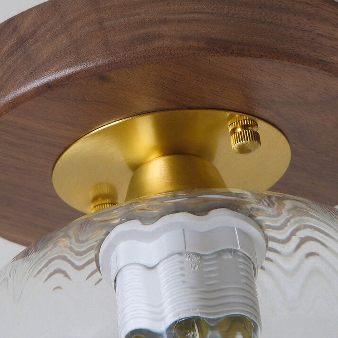 Luz de techo semiempotrada de 1 luz con base de madera y vidrio moderno en forma de cúpula 