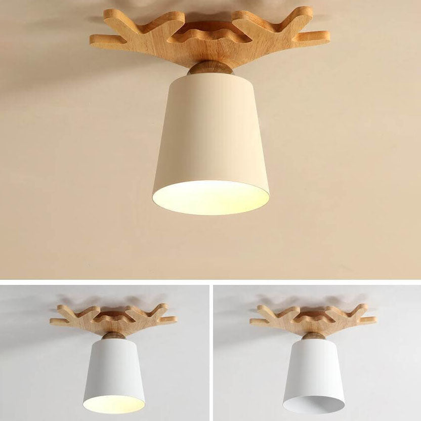 Contemporary Nordic Antler Wood Cone 1-Light Semi-Flush Mount Ceiling Light for Living Room
