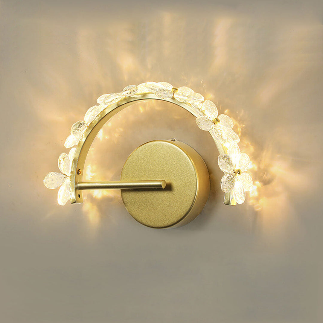 Aplique de pared LED en forma de media luna con flor de cristal dorado nórdico 