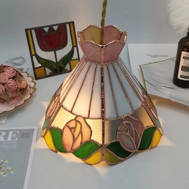 Traditional Tiffany Tapered Green Leaf Rose Copper Stained Glass 1-Light Pendant Light For Bedroom