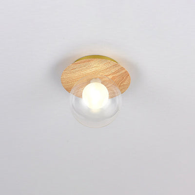 Japanese Minimalist Glass Iron Woodgrain 1-Light Semi-Flush Mount Ceiling Light