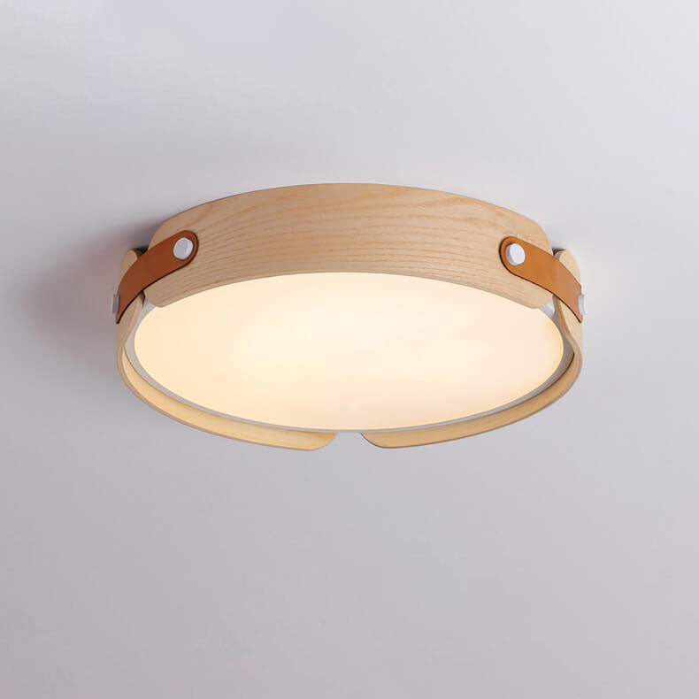 Modern Minimalist Solid Wood Round Leather Design LED Flush Mount Ceiling Light