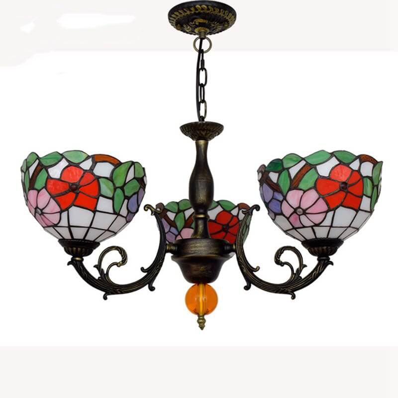 Tiffany Rustic Floral Stained Glass 3-Light Chandelier