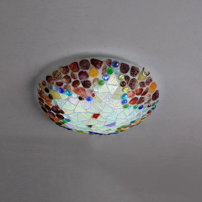 European Rustic Tiffany Hardware Glass Shell 1-Light Flush Mount Lighting