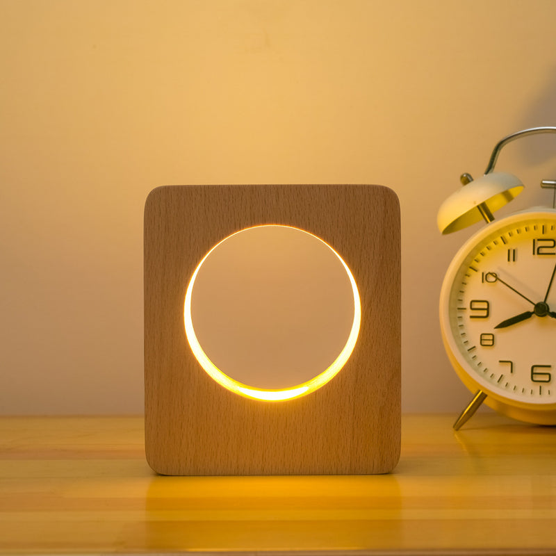 Modern Square Tree Hole Solid Wood USB Rechargeable LED Night Light Table Lamp