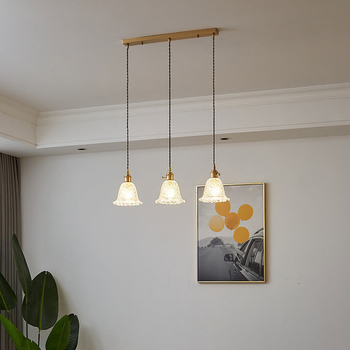 Contemporary Nordic Textured Copper Glass Flowers 1/3 Light Island Light Chandelier For Living Room