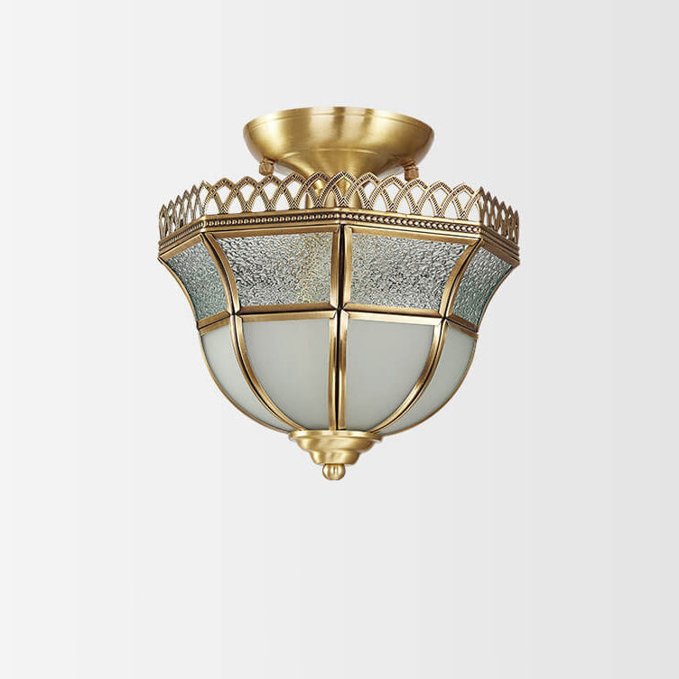 Modern Luxury Glass Brass Bowl Shape Lace Design 1-Light Semi-Flush Mount Ceiling Light