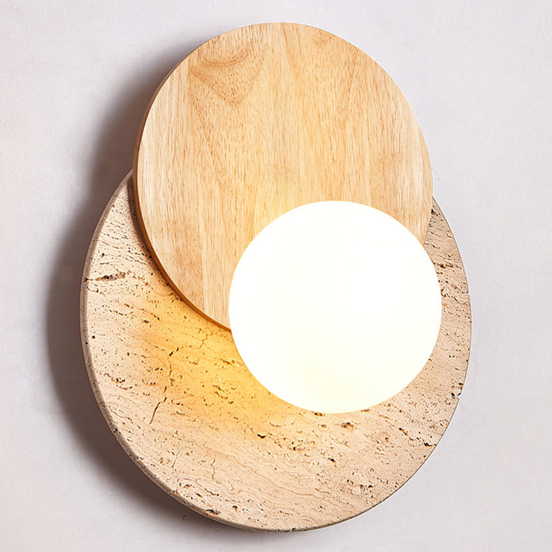 Traditional Japanese White Travertine Disc 1-Light Wall Sconce Lamp For Bedroom