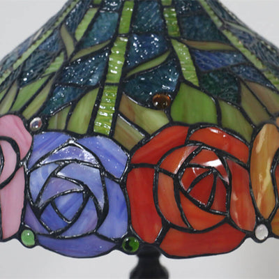 Vintage Tiffany Roses Stained Glass Cone 1-Light Table Lamp