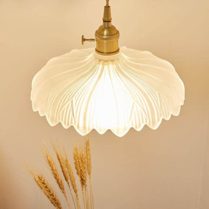 Nordic Carved Glass Petal Brass Dome 1-Light Pendant Light