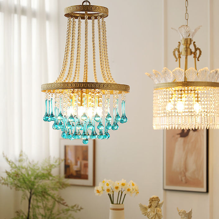 Lámpara de araña ovalada multicapa de cristal y hierro de lujo contemporáneo de 4 luces para sala de estar y dormitorio 