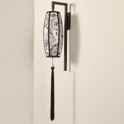 Chinese Vintage Painted Fabric Lantern Tassel 1-Light Wall Sconce Lamp