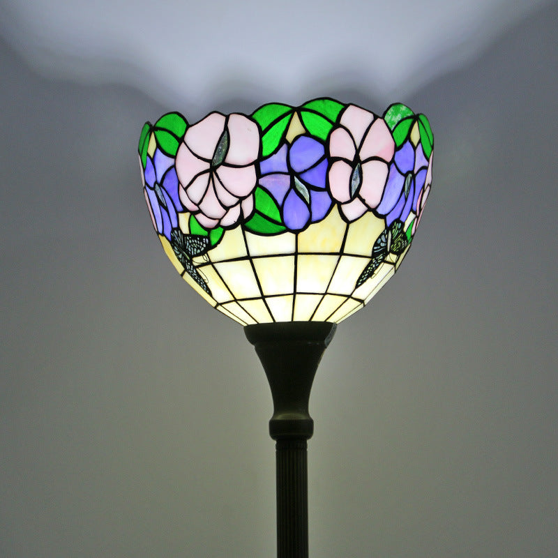 Tiffany Vintage Butterfly Flower Stained Glass Dome 1-Light Standing Floor Lamp