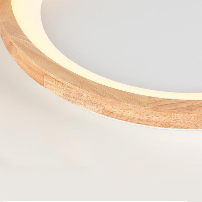 Contemporary Nordic Wood Frame Acrylic Round Shade LED Flush Mount Ceiling Light For Living Room