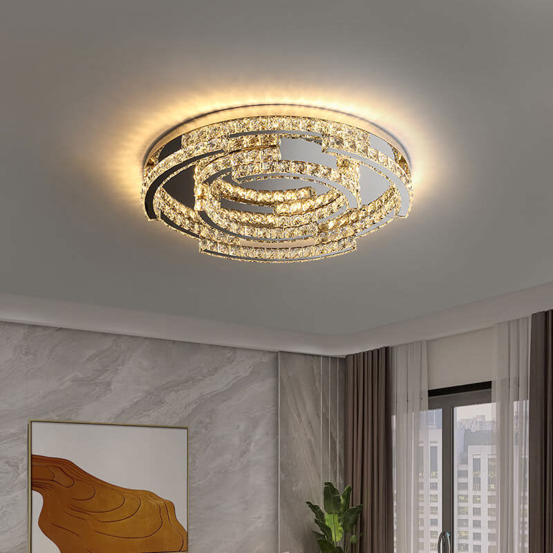 Round Simple Stainless Steel Crystal Multilayer Design LED Flush Mount Light