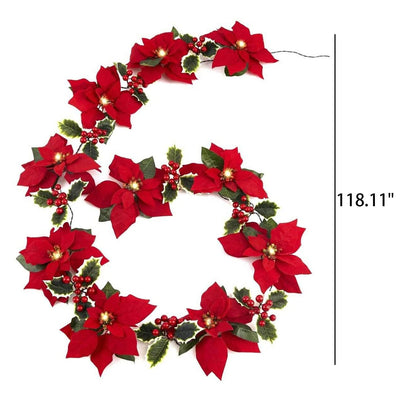 Guirlande lumineuse LED fleur rouge de Noël en faux velours avec fruits 