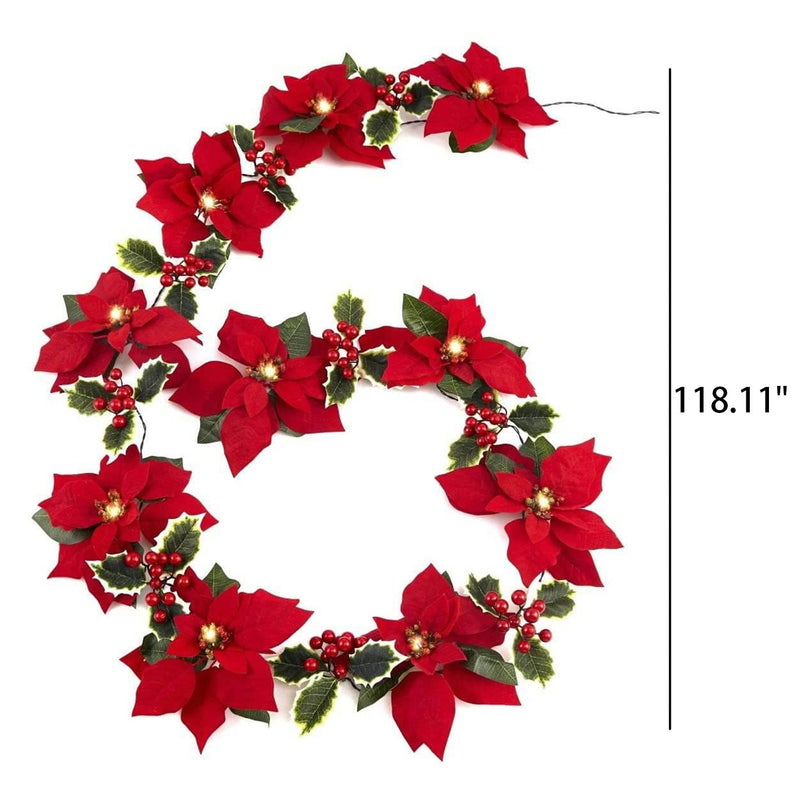 Guirlande lumineuse LED fleur rouge de Noël en faux velours avec fruits 