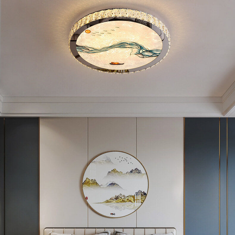 Modern Luxury Enamel Crystal Round LED Flush Mount Ceiling Light