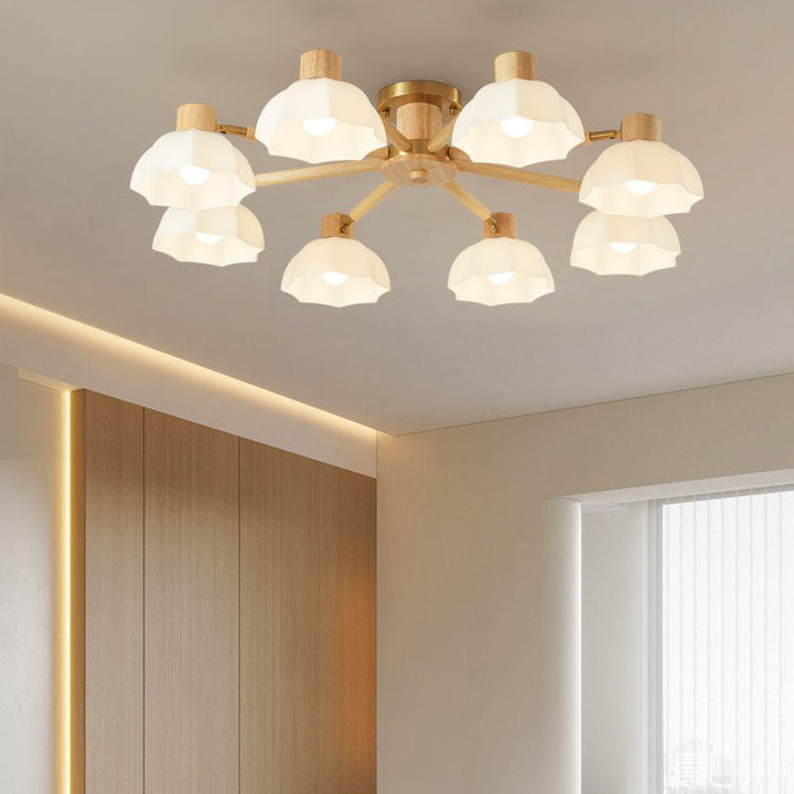 Plafón de techo tradicional japonés Wabi-sabi de madera de caucho, herrajes y vidrio de 3/6/8 luces para sala de estar 