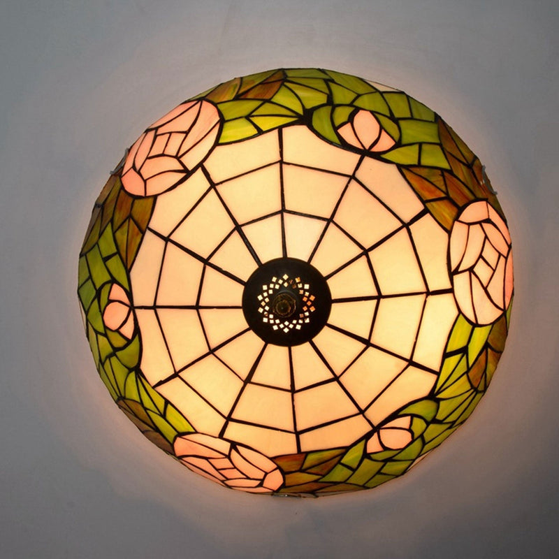 Tiffany European Retro Creative Stained Glass Rose Pattern Design 3-Light Flush Mount Light