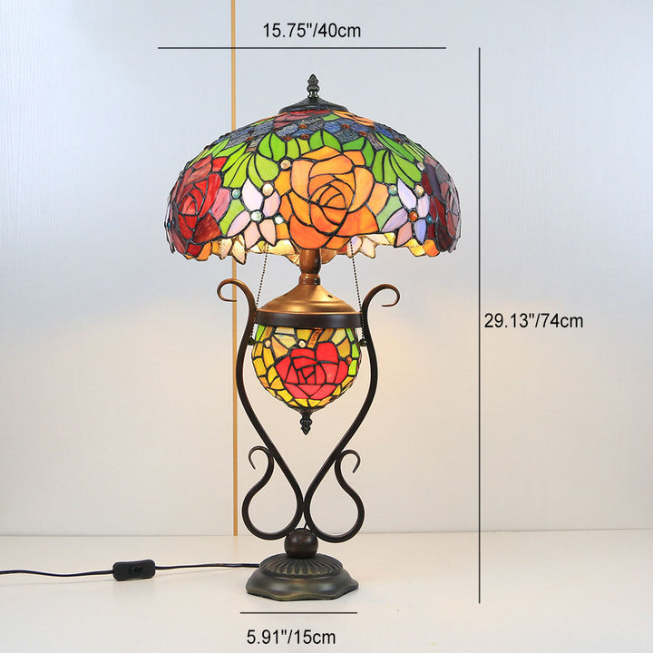 Traditional Tiffany Floral Stained Glass Iron Resin Round Pot 3-Light Table Lamp For Bedroom