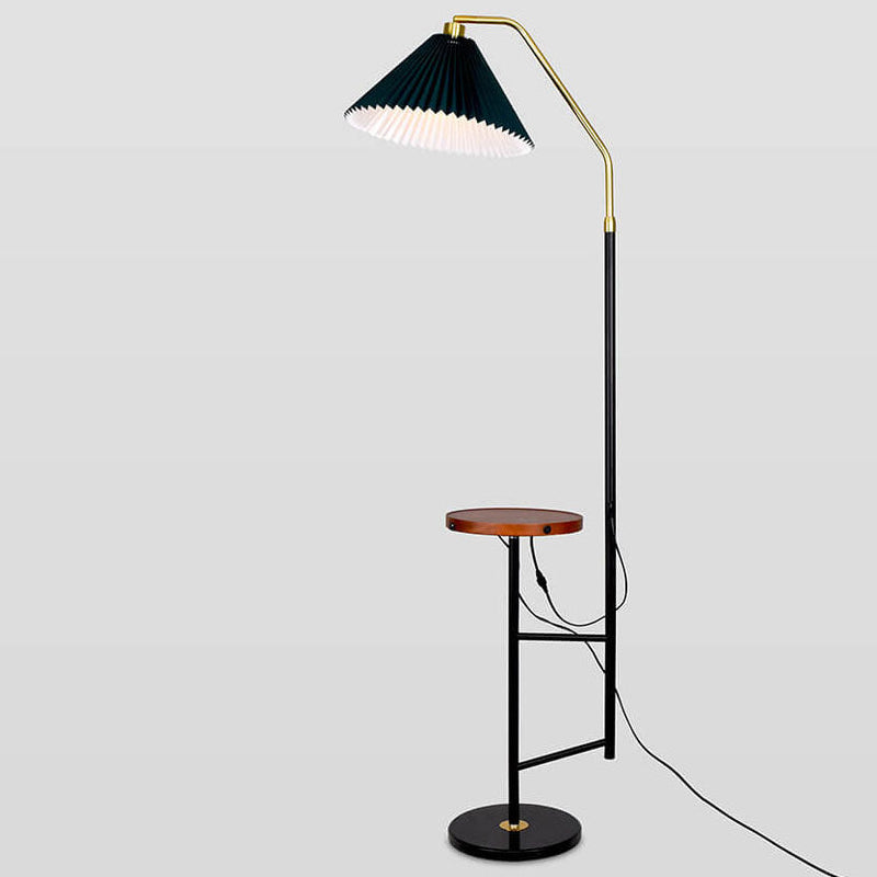 Nordic Minimalist Pleated Shade Marble Solid Wooden Shelf 1-Light Standing Floor Lamp