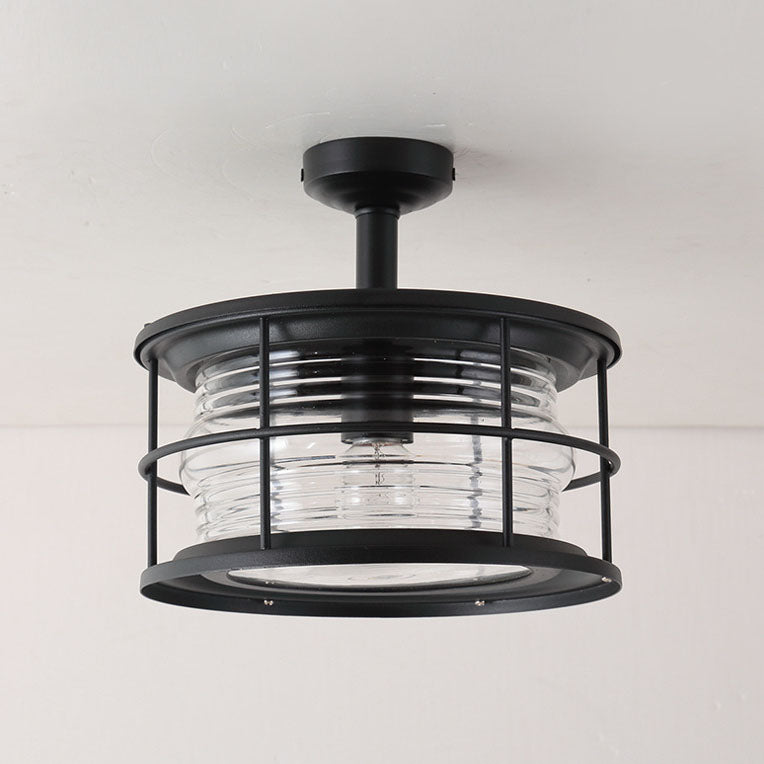 Moderne halbbündige 1-flammige Outdoor-Deckenleuchte im Industrial-Stil aus Glas und Eisen in Trommelform für Terrasse und Patio im Außenbereich 