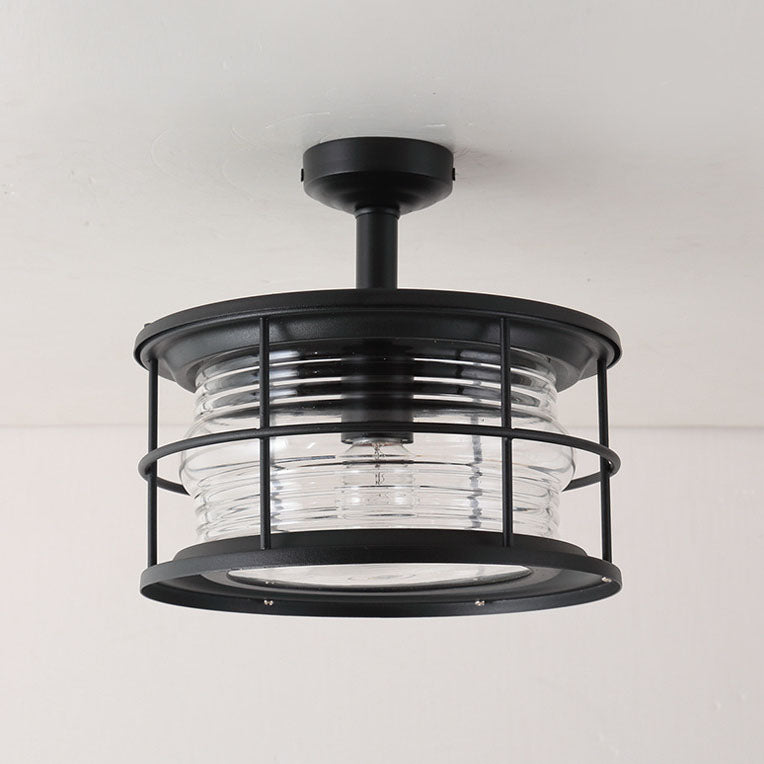 Industrial Vintage Glass Drum 1-Light Outdoor Semi-Flush Mount Ceiling Light