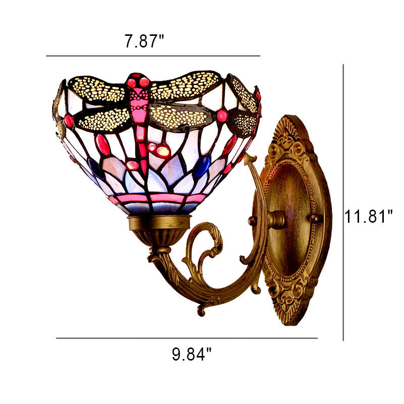 Europäische Vintage Tiffany Libelle Buntglas Eisen 1-Licht Wandleuchte Lampe 