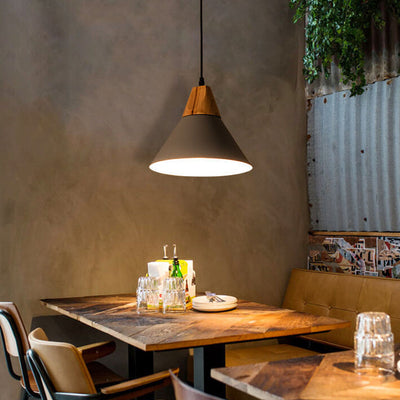 Industrial Minimalist Cone Wood Iron 1-Light Pendant Light