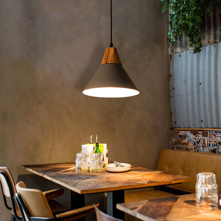 Industrial Minimalist Cone Wood Iron 1-Light Pendant Light