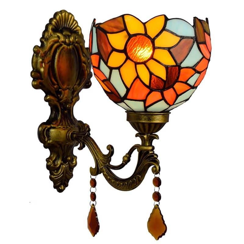 Vintage Tiffany Sunflower Stained Glass 1-Light Wall Sconce Lamp