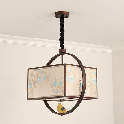 Chinese Zen Magnolia Embroidered Bird Fabric Shade 3-Light Chandelier