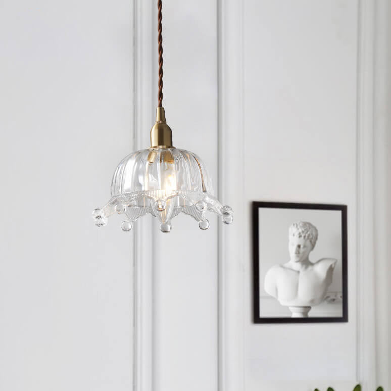 French Luxury Glass Flower Brass 1-Light Pendant Light