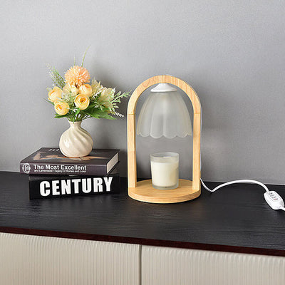 Lampe de Table à Cire Fondue avec Abat-jour en Verre et Anneau en Bois Moderne à Intensité Variable 1 Lumière 