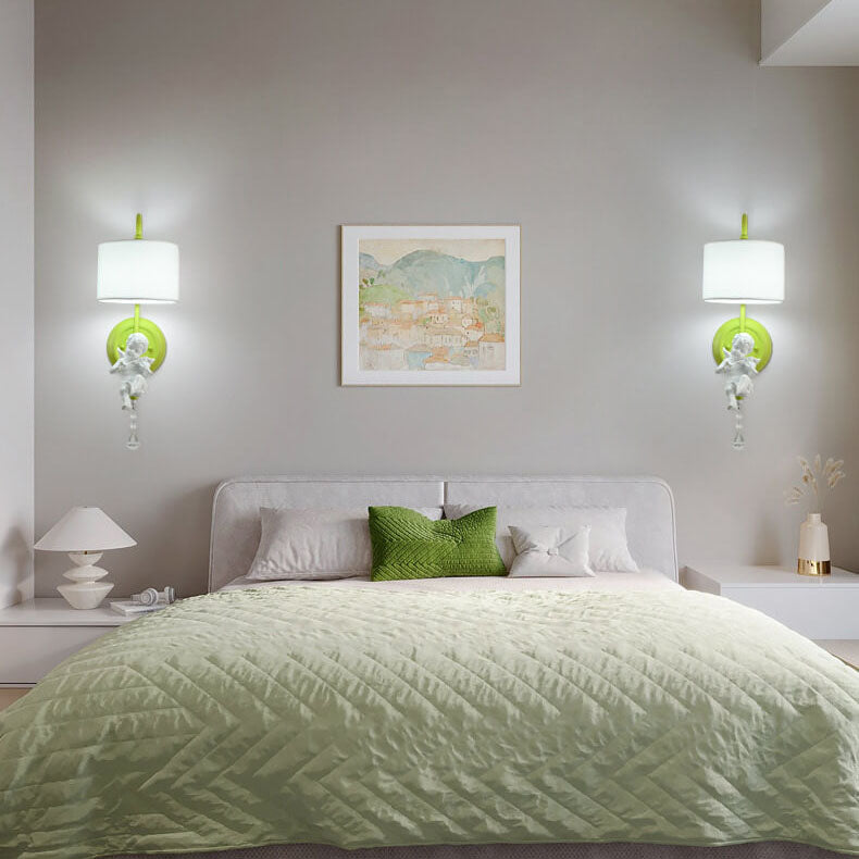 Modern Minimalist Angel Resin Round Fabric 1-Light Wall Sconce Lamp for Living Room