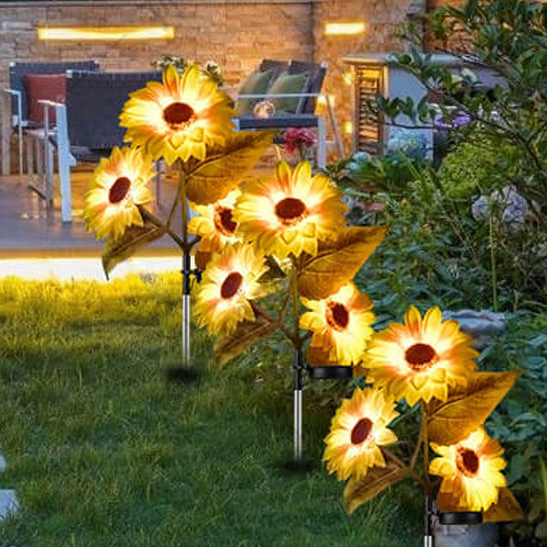 Luz de paisaje para jardín al aire libre con LED de 3 cabezas Solar Sunflower 