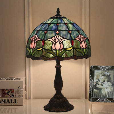 European Vintage Tulip Stained Glass Dome 1-Light Table Lamp