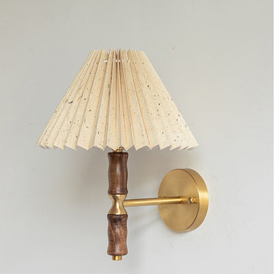 Japanese Vintage Walnut Pleated Umbrella 1-Light Wall Sconce Lamp