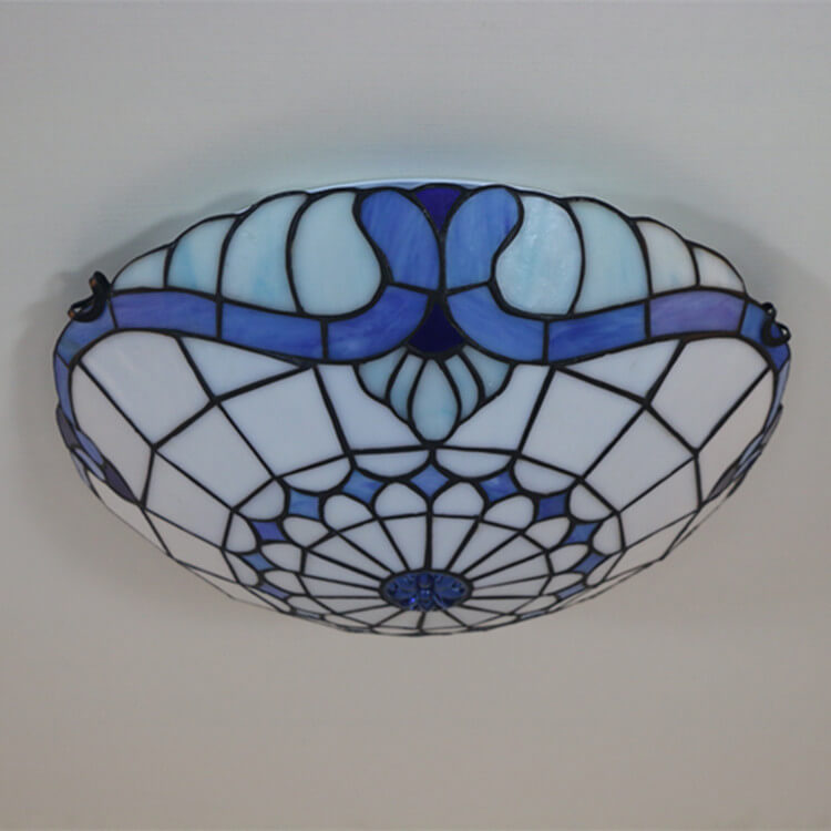 Tiffany Vintage Round Gemstone Stained Glass 3/4 Light Flush Mount Ceiling Light
