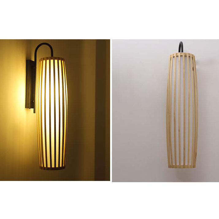 Traditional  Chinese Bamboo Iron Lantern Column 1-Light Wall Sconce Lamp for Living Room