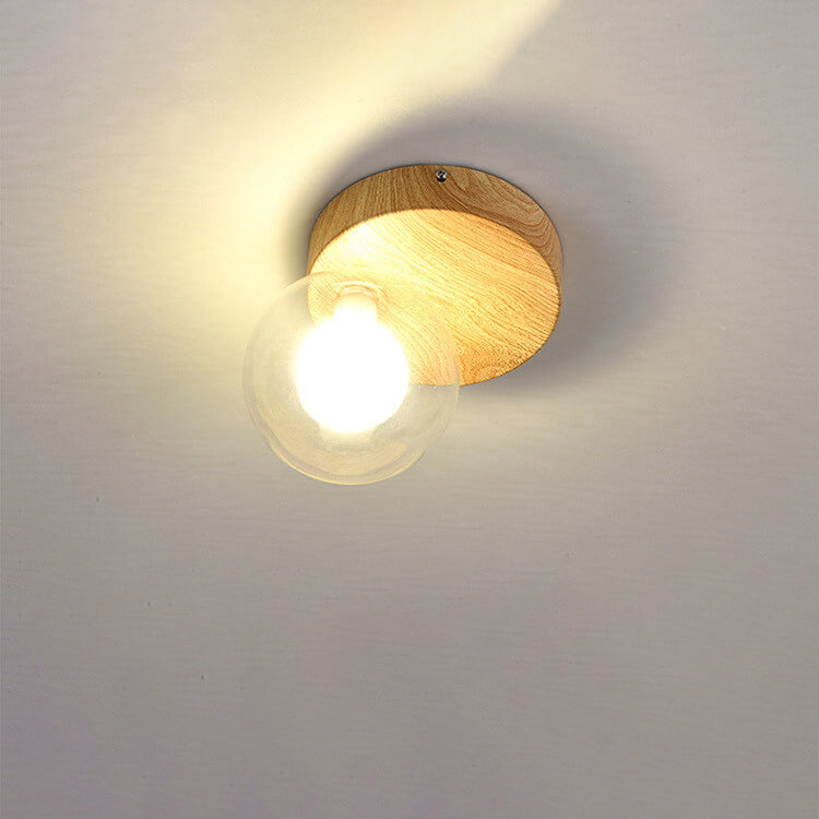 Japanese Minimalist Glass Iron Woodgrain 1-Light Semi-Flush Mount Ceiling Light