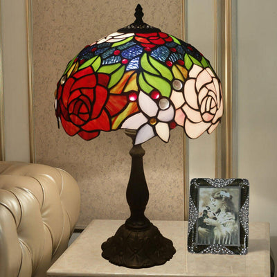 European Vintage Rose Stained Glass 1-Light Table Lamp