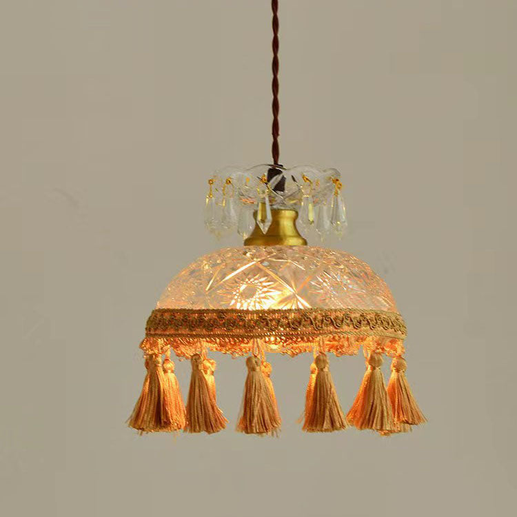 French Luxury Glass Copper Dome Tassel 1-Light Pendant Light