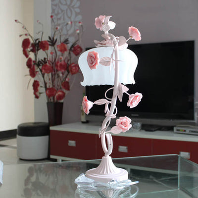Vintage Romantic Pink Glass Ceramics Roses 1-Light Table Lamp