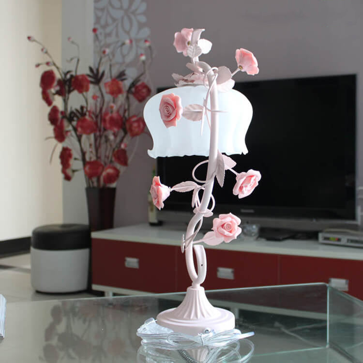 Vintage Romantic Pink Glass Ceramics Roses 1-Light Table Lamp