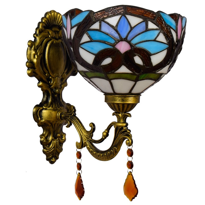 Traditionelle 1-flammige Tiffany-Wandleuchte im Barockstil aus Eisen mit Buntglas-Kristallglasschale für Wohnzimmer &amp; Schlafzimmer 